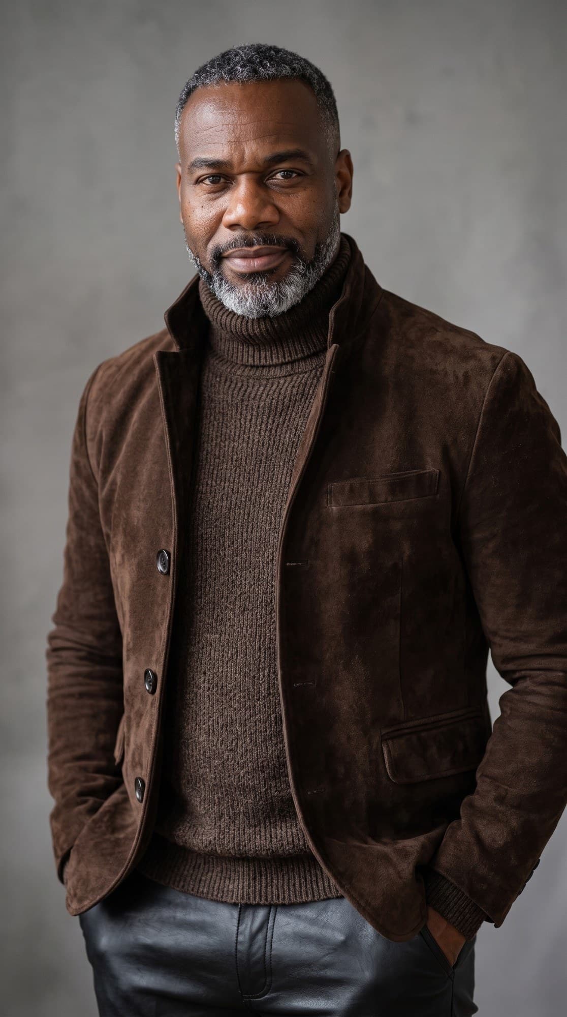 Portrait of EhonB in a brown suede jacket and turtleneck